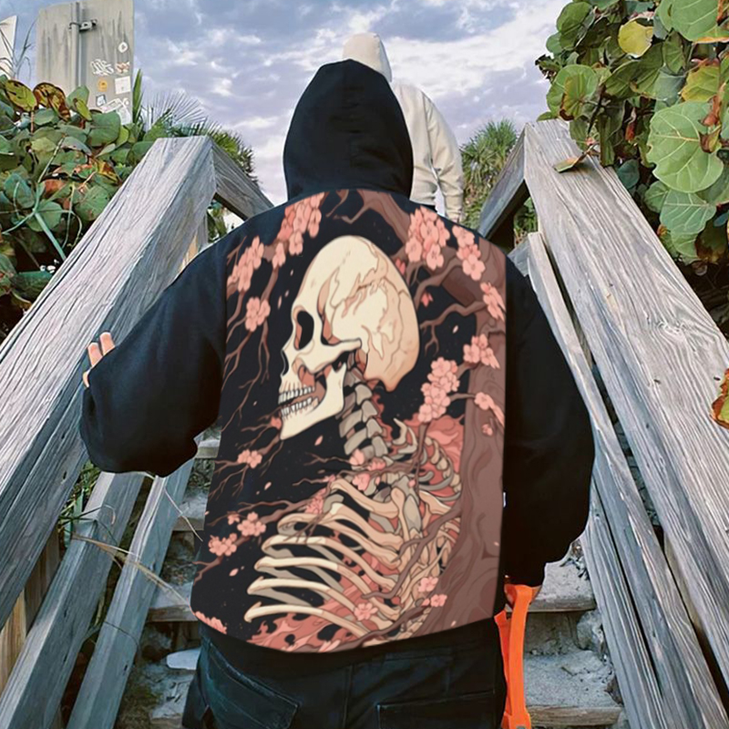 Street Sakura Skull Print Hoodie