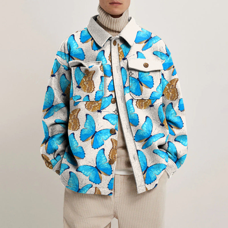 Blue Butterfly Print Lapel Button Jacket