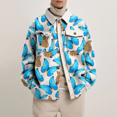 Blue Butterfly Print Lapel Button Jacket