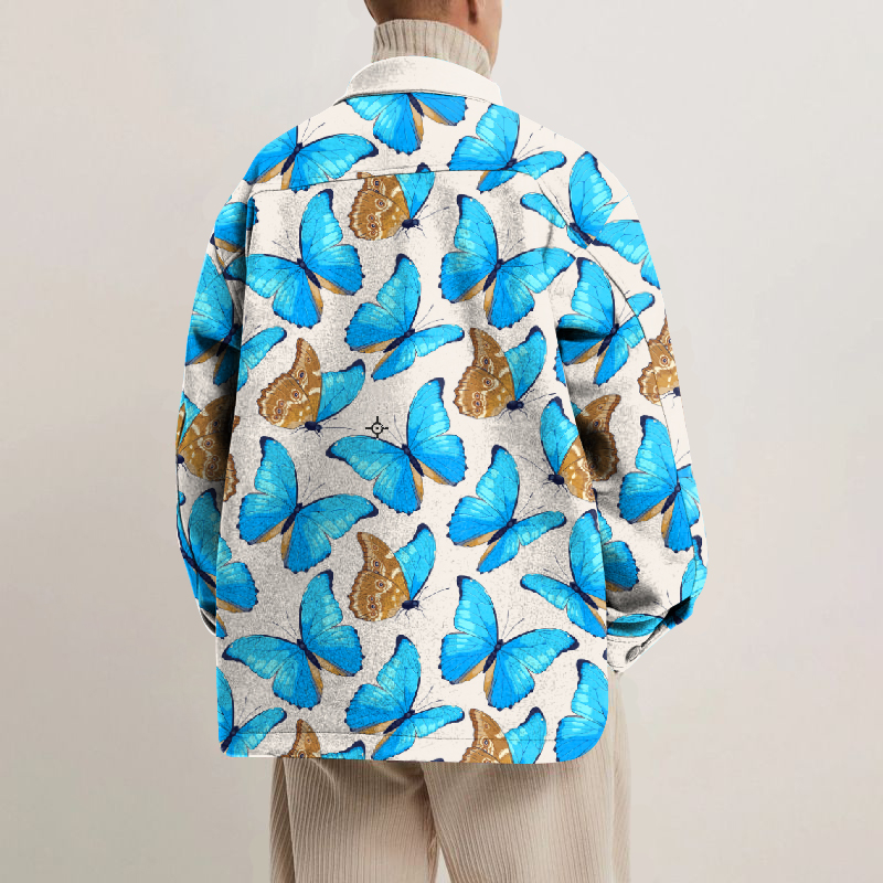 Blue Butterfly Print Lapel Button Jacket