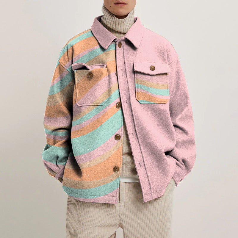 Color Block Art Print Lapel Button Jacket