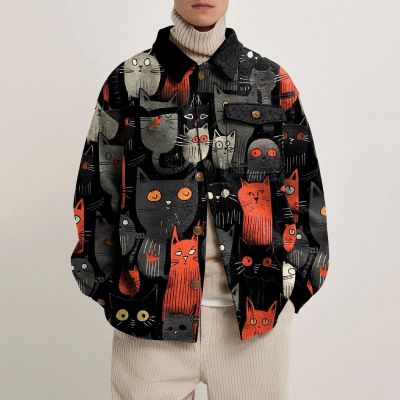 Abstract Cat Print Lapel Button Jacket