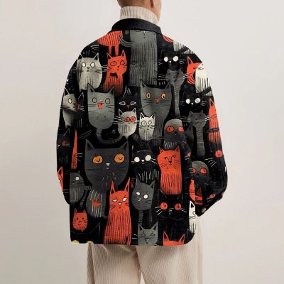 Abstract Cat Print Lapel Button Jacket