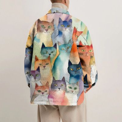 Watercolor Cat Print Lapel Button Jacket