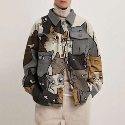 Watercolor Cat Print Lapel Button Jacket