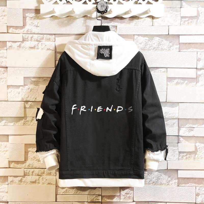 Winter Warm Friends Print Fake Two Piece Hooded Jacket