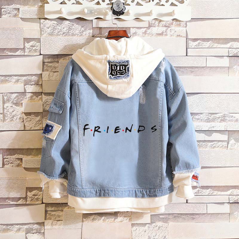 Winter Warm Friends Print Fake Two Piece Hooded Jacket