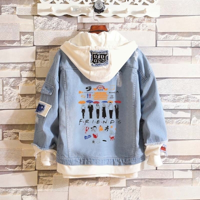 Winter Warm Friends Print Fake Two Piece Denim Hooded Jacket