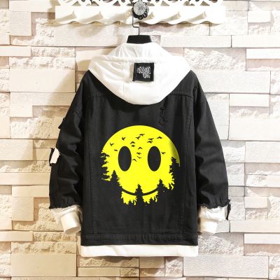 Smiley Print Fake Two Piece Denim Jacket