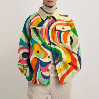 Abstract Color Pattern Print Lapel Button Jacket