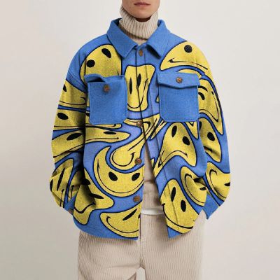 Abstract Smiley Print Lapel Button Jacket