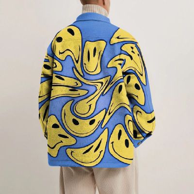 Abstract Smiley Print Lapel Button Jacket