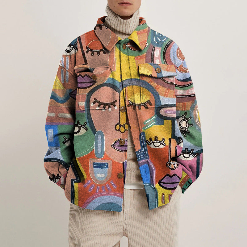 Abstract Face Painting Print Lapel Button Jacket