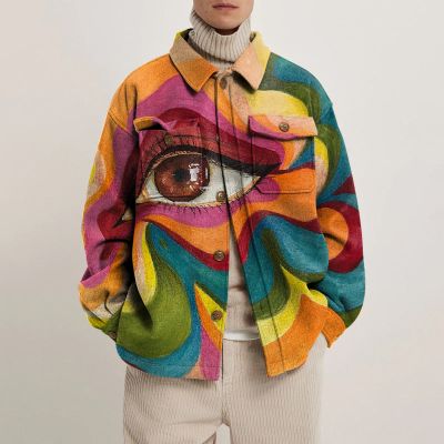Colorful Big Eye Print Lapel Button Jacket
