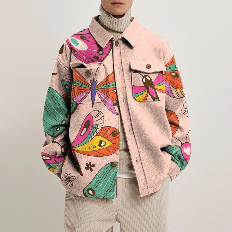 Colorful Butterfly Print Lapel Button Jacket