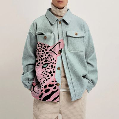 Pink Leopard Print Lapel Button Jacket