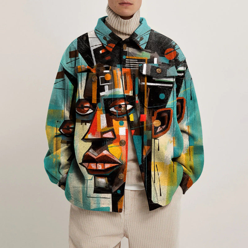 Abstract Portrait Print Lapel Button Jacket