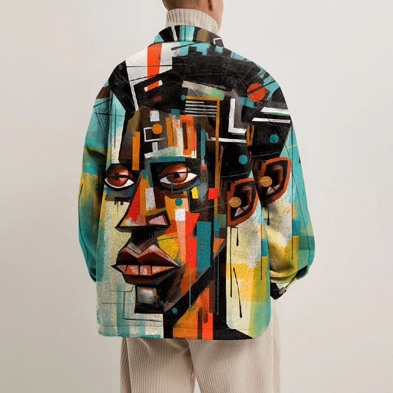 Abstract Portrait Print Lapel Button Jacket