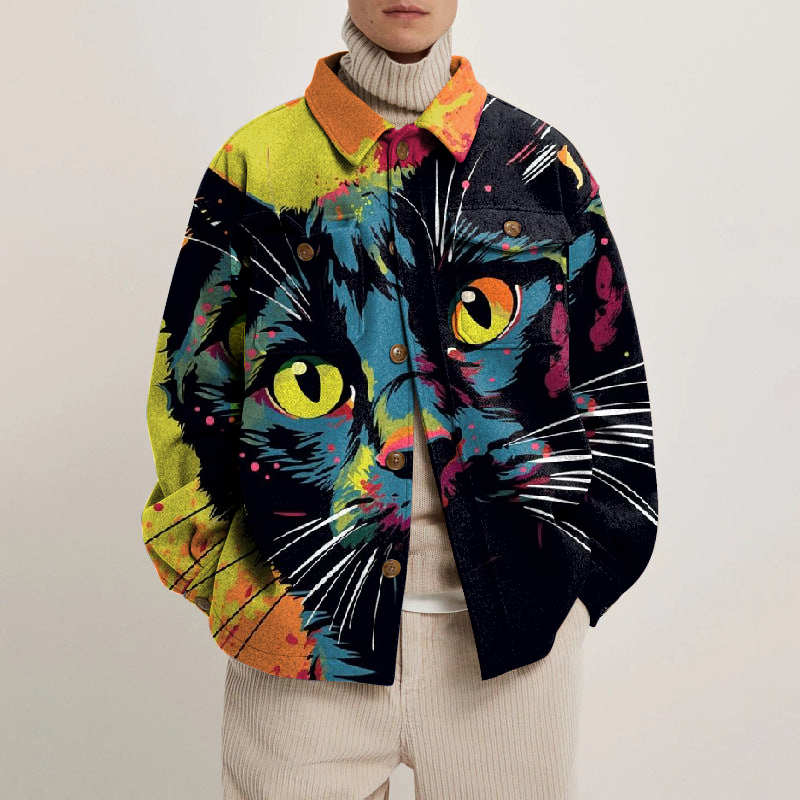 Black Cat Print Lapel Button Jacket - Helloice Apparel