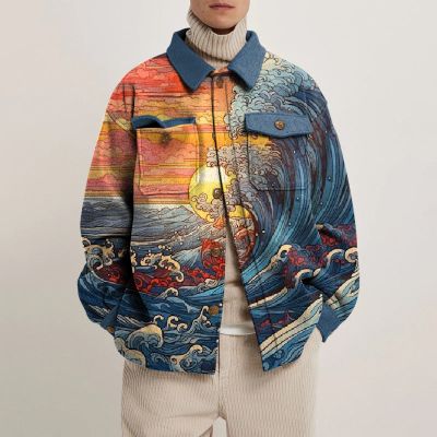 Sunset Wave Print Lapel Button Jacket