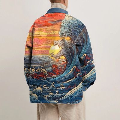 Sunset Wave Print Lapel Button Jacket