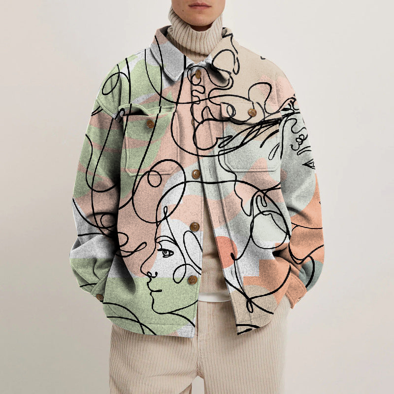 Modern Simple Line Art Print Lapel Button Jacket