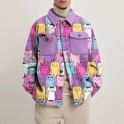 Multicolor Cat Jenga Print Shirt Jacket