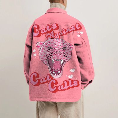 Pink Art Angry Leopard Print Lapel Button Down Jacket