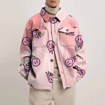 Pink Emoji Print Lapel Button Jacket