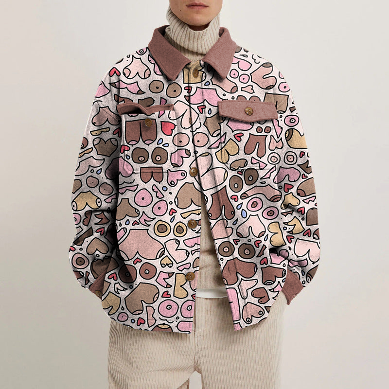 Fun Chest Print Lapel Button Jacket