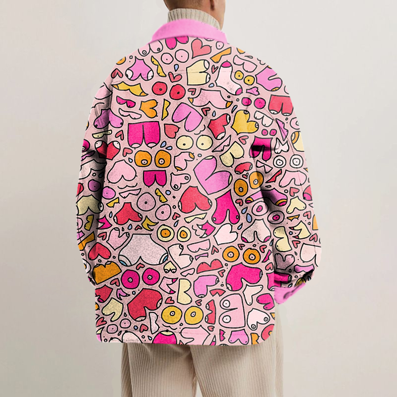 Fun Chest Print Lapel Button Jacket
