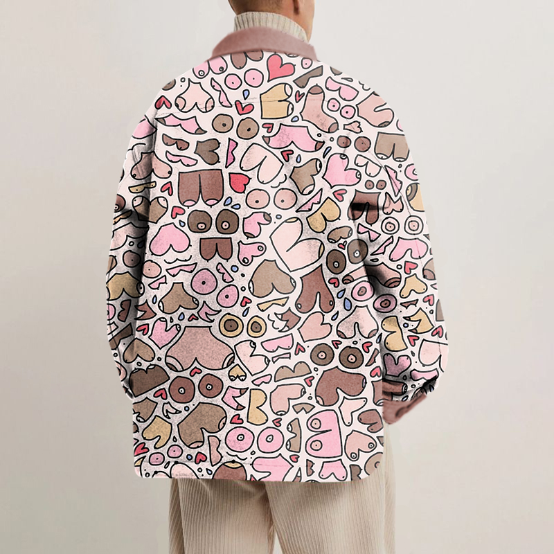 Fun Chest Print Lapel Button Jacket