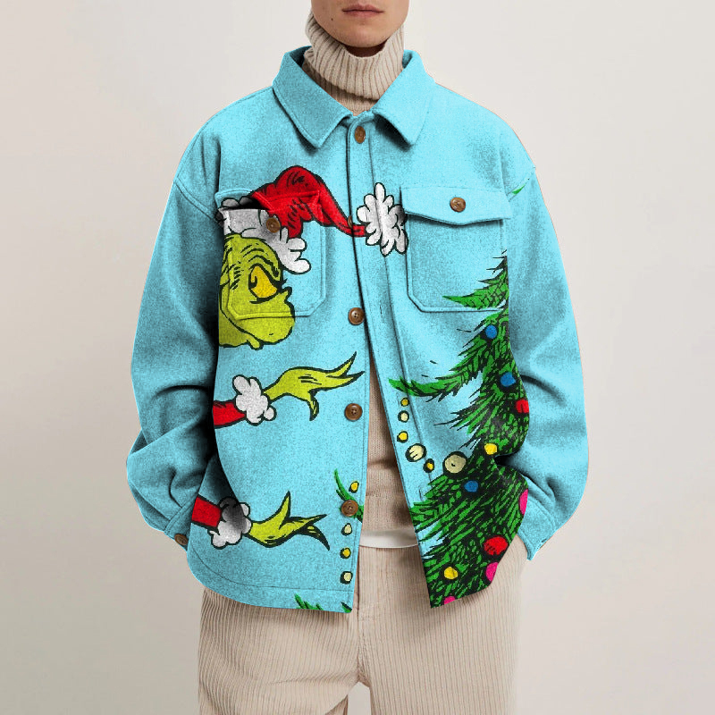 Grinch Print Lapel Button Jacket