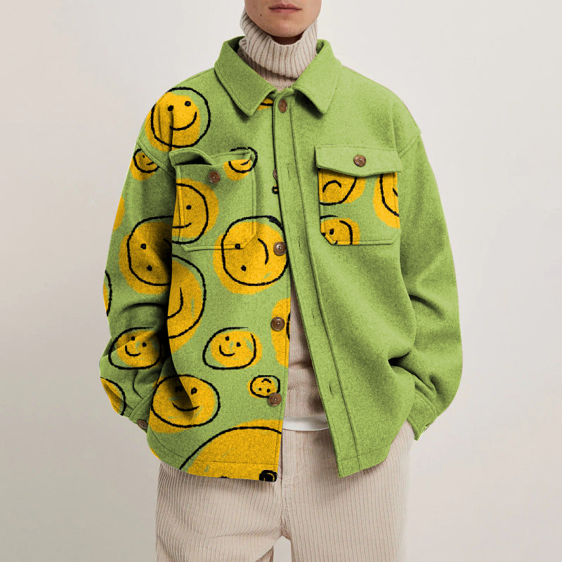 Smiley Face Print Lapel Button Jacket