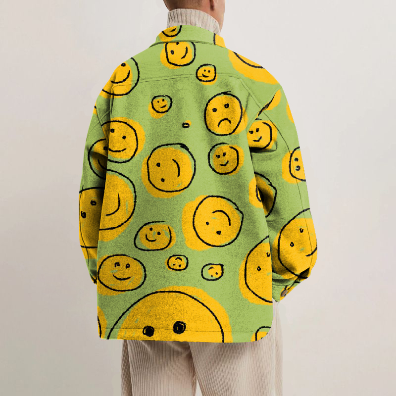 Smiley Face Print Lapel Button Jacket