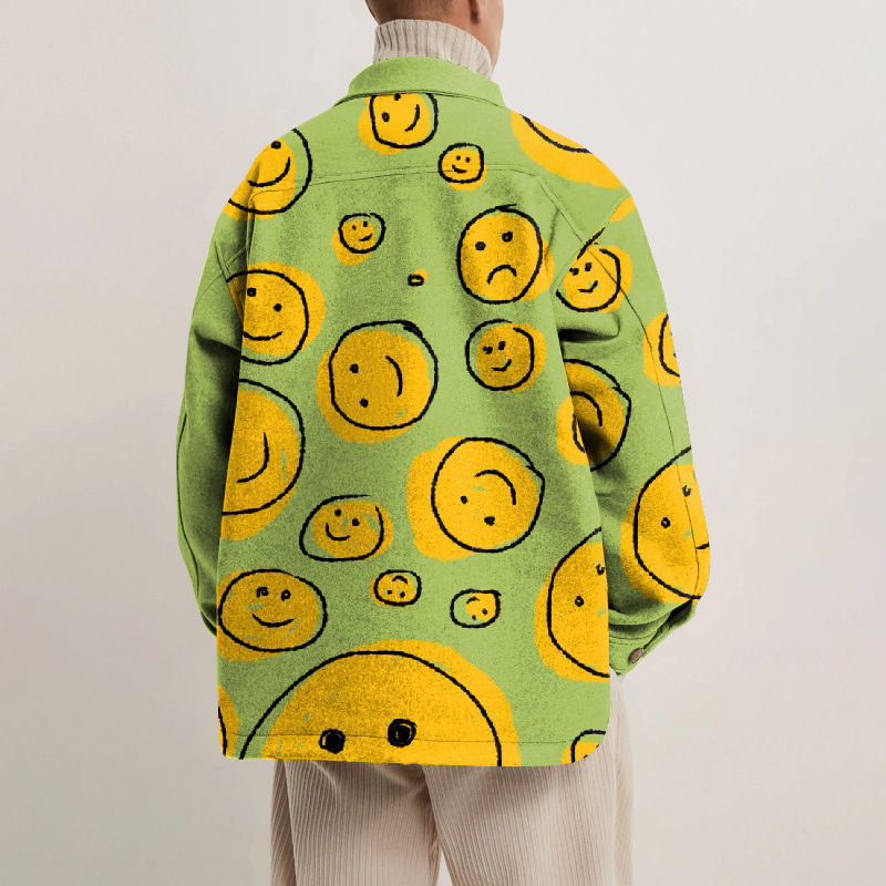 Smiley Face Print Lapel Button Jacket