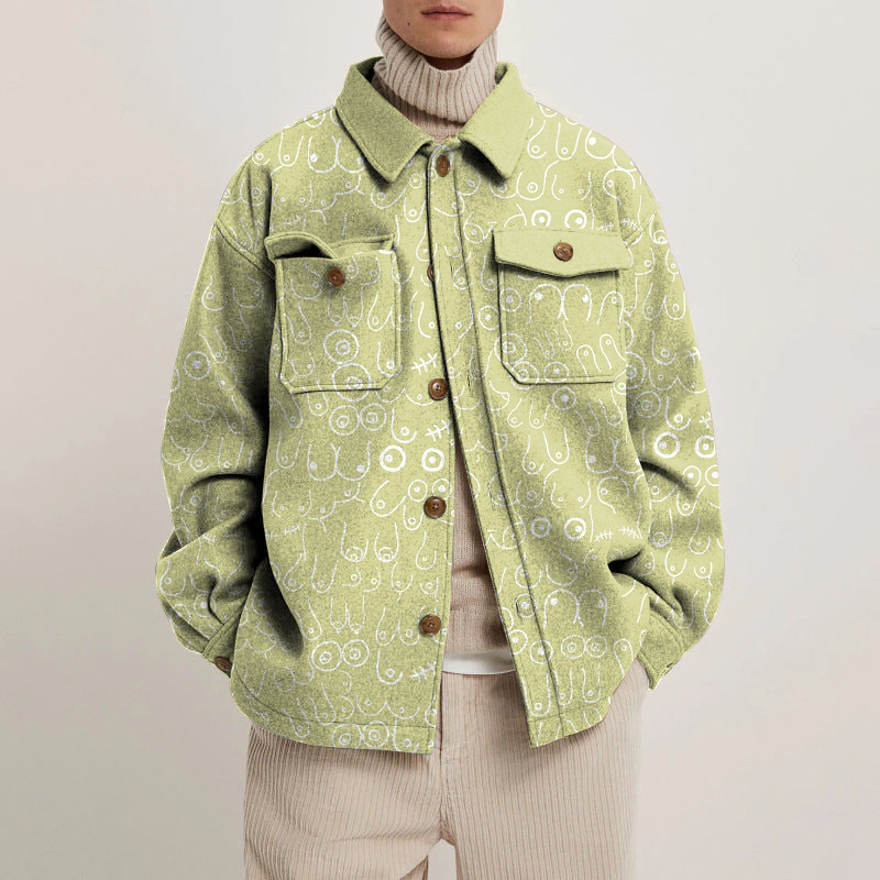 Green Cartoon Chest Print Shirt Jacket