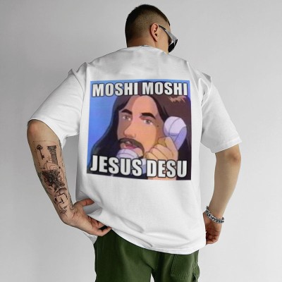 "Moshi Moshi Jesus Desu"Print Short Sleeve T-Shirt