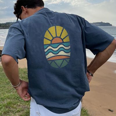 Vacation Sunset Print Distressed Cotton T-Shirt