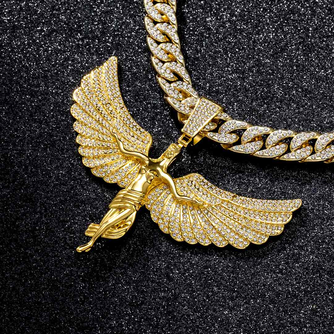 Iced Large Soaring Angel Pendant with Iced Cuban Chain Set in Gold