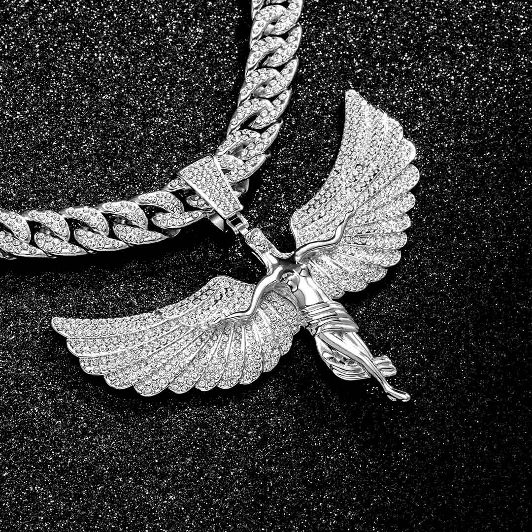 Iced Large Soaring Angel Pendant with Iced Cuban Chain Set in White Gold