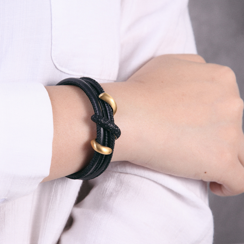 Gold and Black Stardust Wrap Leather Bracelet