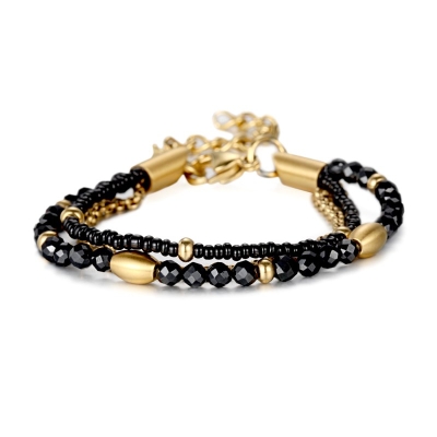 Stacking Black Crystal Beads Bracelet with Gold Buckle