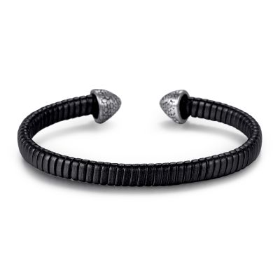 Stainless Steel Reptile Leather Open Bangle