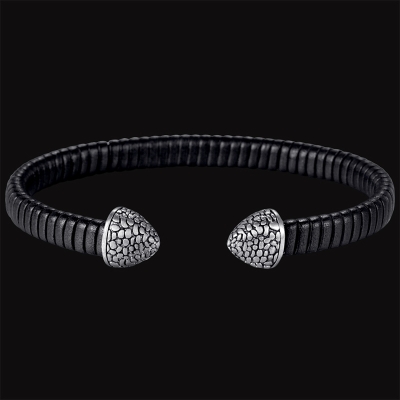 Stainless Steel Reptile Leather Open Bangle