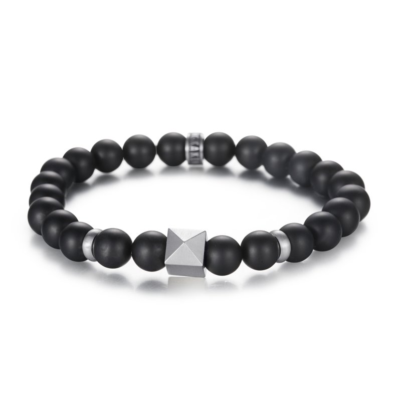 Stainless Steel Pyramid Black Onyx Beads Bracelet