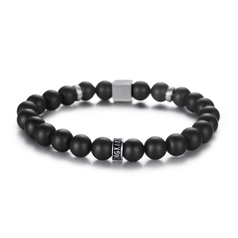 Stainless Steel Pyramid Black Onyx Beads Bracelet