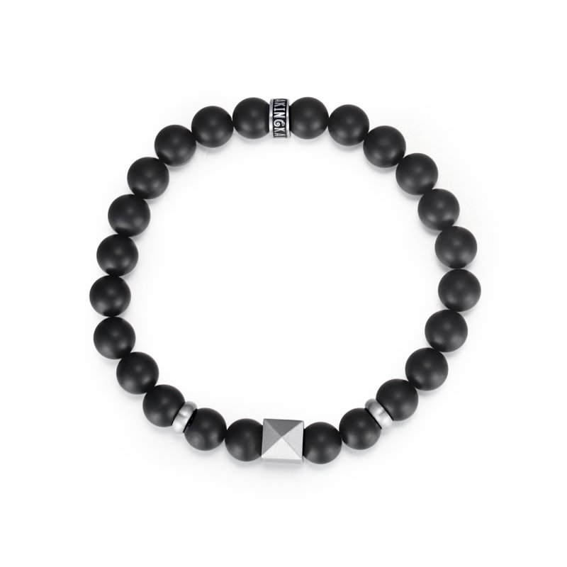 Stainless Steel Pyramid Black Onyx Beads Bracelet