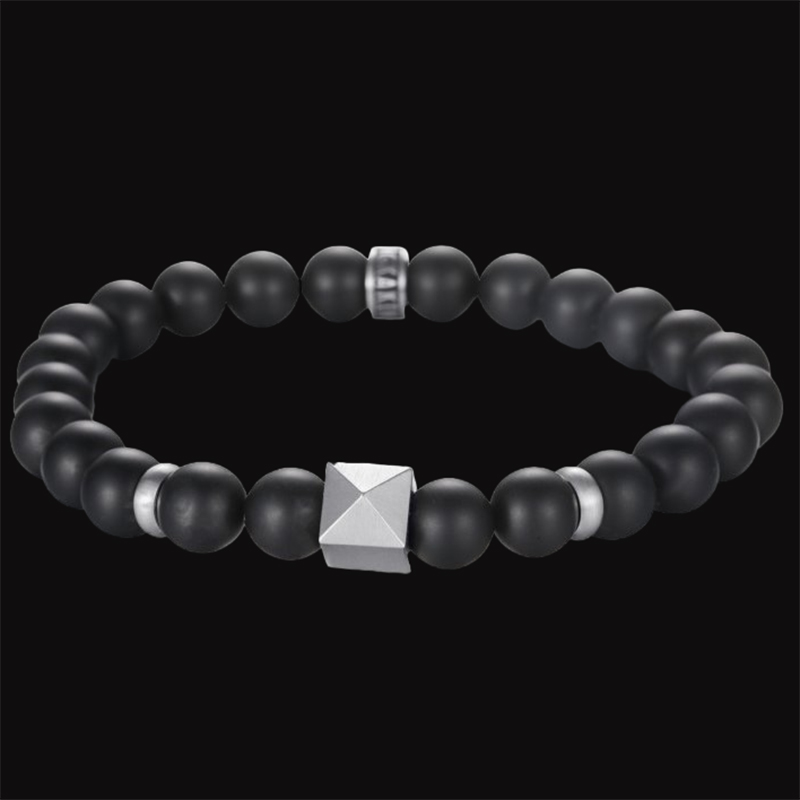 Stainless Steel Pyramid Black Onyx Beads Bracelet