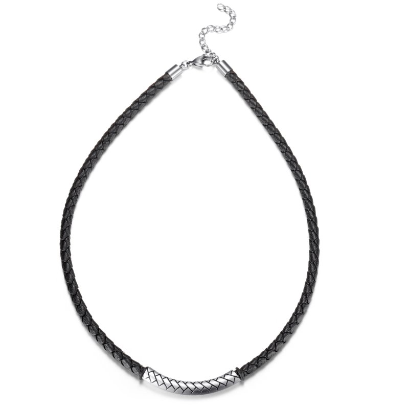 Stainless Steel Tube Black Leather Necklace